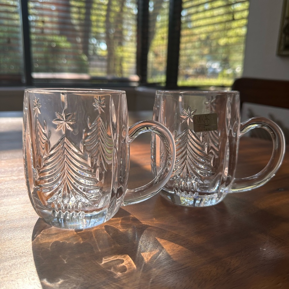 2 NIB Vintage Mikasa Clear Glass Christmas Tree Coffee Mug Cup NEW in Box